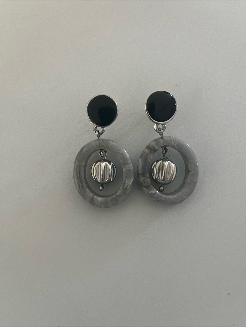 Chico's Gray Resin Hoop Drop Earrings with Black Stud